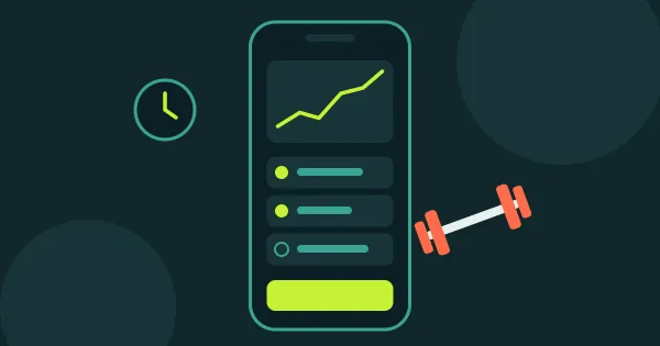 Gym tracker app illustration: a phone showing a progress chart and a checklist next to a dumbbell