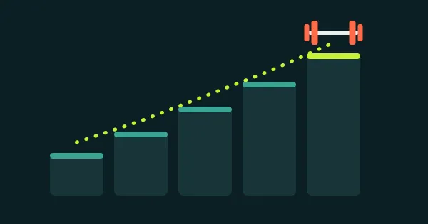 Progressive overload tracker illustration: training blocks stepping upward to a dumbbell