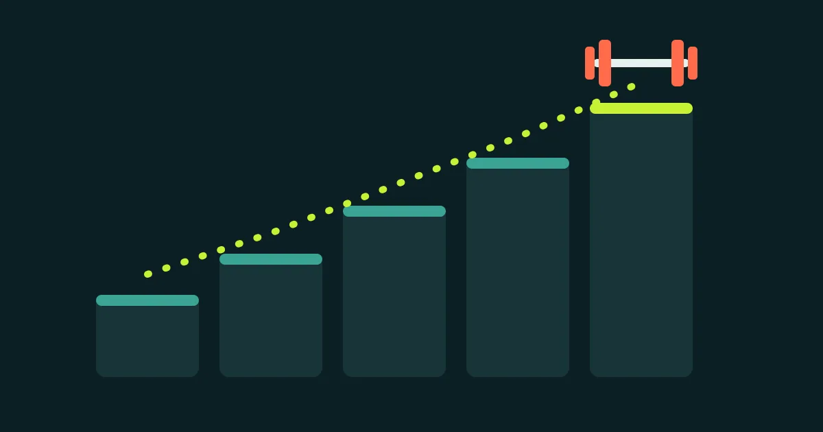 Progressive overload tracker illustration: training blocks stepping upward to a dumbbell